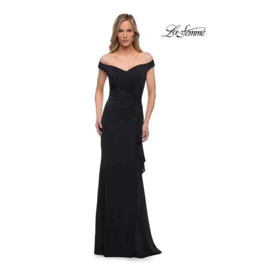 La Femme Off The Shoulder Jersey Ruched Gown